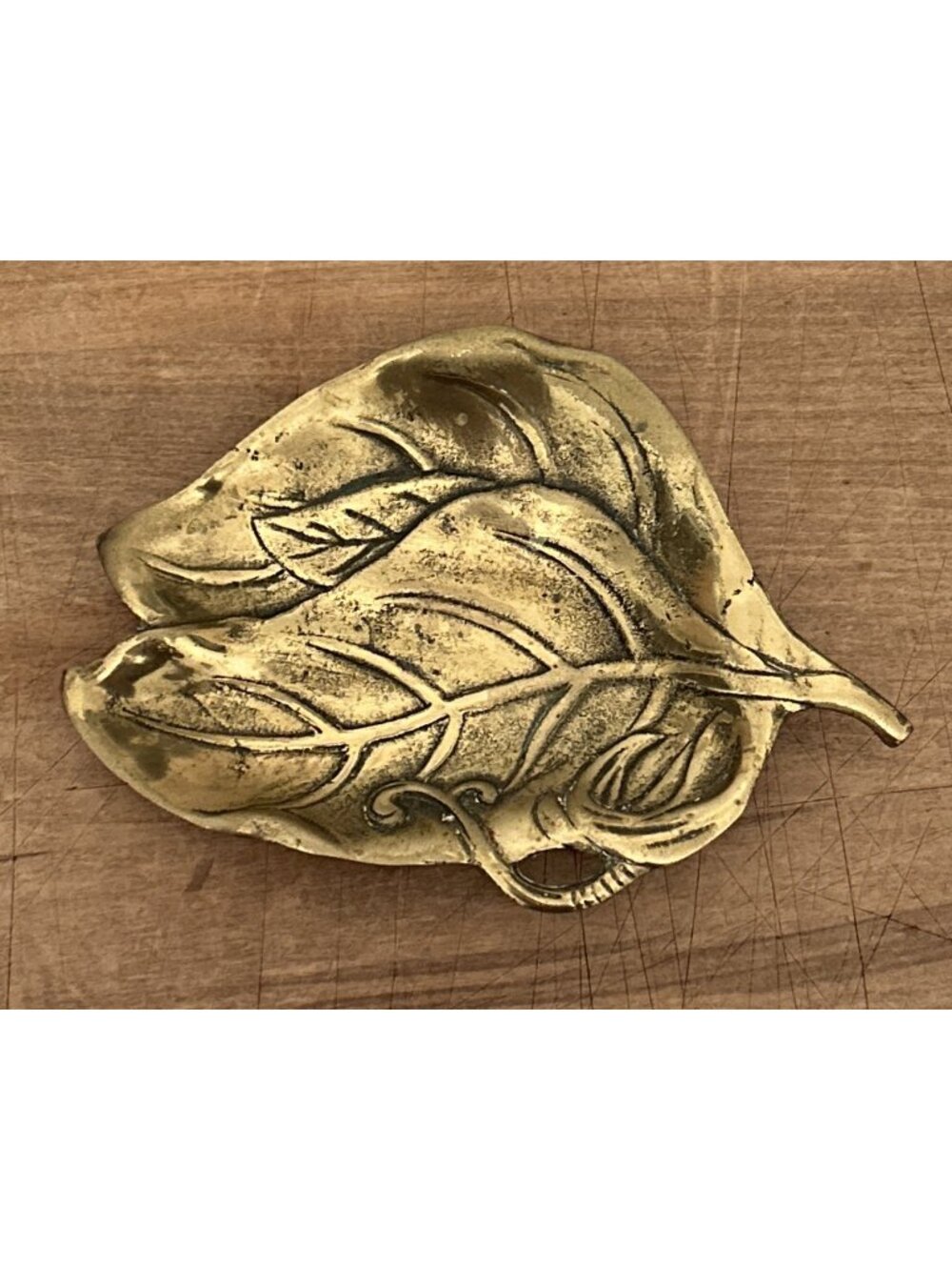 Vintage Solid Brass Double Leaf Shaped Trinket Tray Footed Dish MCM Nature